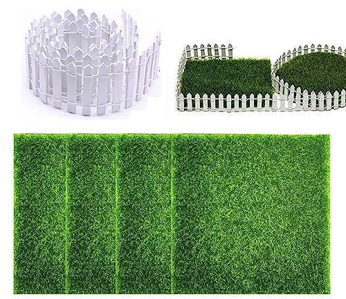Kiuiom Kunstrasenteppich,Kunstrasen Miniatur Moos,Kunstrasen Teppich,Künstliche Moos Deko,4 PCS mit Gartenzaun Miniatur 5 * 90CM für den Innen und Außenbereich Mikrolandschaft Miniatur Garten Deko