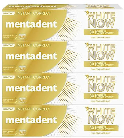 Mentadent White Now Instant Correct Zahnpasta Aufhellung Sofortige Wirkung Weiß Uniform Gegen Oberflächenflecken Nagellack Zahnaufhellung Temporäre Aufhellung - 4 Flaschen à 75 ml