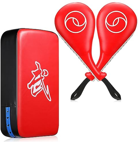 Poen 3 Pcs Taekwondo Kick Pads Muay Thai MMA Karate Sparring Gear Martial Arts Kickboxing Training Pads Punching Striking Target Equipment PU Leather Paddles Strike Curved Kick Shield(Red)