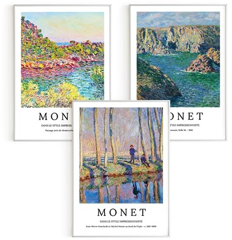 Bilder-Set: 3 x DIN A2 (42x60) Premium Posterpapier - Claude Monet, Felsen von Guibel; am Ufer der Epte; Landschaft bei Montecarlo; Moderne Kunst, Kunstdruck ohne Rahmen, Wandbild, Bilderwand - A4,..
