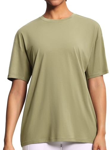 THE GYM PEOPLE Damen Oversize Baumwolle T-Shirt Kurzarm Basic Sport Shirts | Abfallende Schulter, Übergroße, Rundhalsausschnitt, Einfarbig, Leicht, Atmungsaktiv, Weich, Sommer Tops Fashion Gym Freizeit