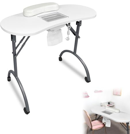 CEEDIR Table de manucure pliante avec aspiration, 98 x 44 x 77 cm, mobile, table de manucure, table de manucure, table de studio avec roulettes, tiroir et sac de rangement pour salon de manucure Blanc
