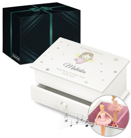 Maverton Jewelkeeper mit Aufdruck - Schmuckschatulle mit Spieluhr Ballerina - Musikschmuckdose für Mädchen - Schmuckkästchen zur Taufe - zur Erstkommunion - zum Geburtstag - mit Schublade - Engel