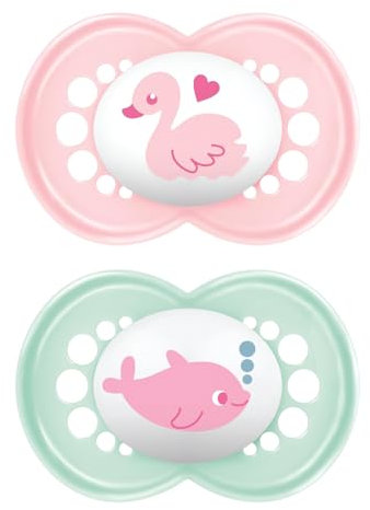 MAM Original Beruhigungssauger 6+ Monate (2er-Set) MAM Schnuller 6-16 Monate mit kiefergerechtem Sauger aus Kautschuk, 2er-Set Babyzubehör mit praktischem Sterilisator-Schnullerhalter, pink/grün