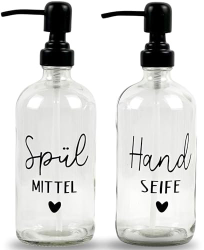 Glas Seifenspender 500ml - Schwarzer Pumpspender, Spülmittelspender für Küche. Handseifenspender für Badezimmer (Transparent, Spülmittel + Handseife mit Metallspender)