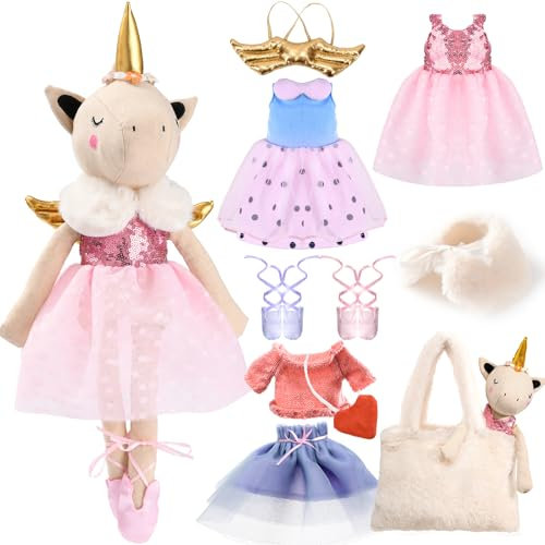 Toyssa Einhorn Gehäkelte Puppe Doll Geschenke Mädchen 3 4 5 6 7 Jahren Einhorn Kuscheltier Stofftier Plüschtier mit 3 Outfits Flügel Tasche Kinder Einhorn Spielzeug Geschenk für Mädchen