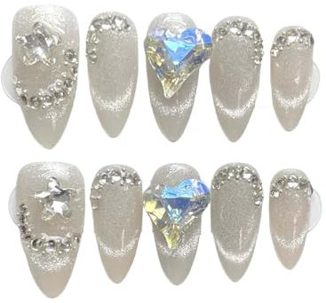 3D Heart Rhinestone Cat Eye Medium Almond Simple Handmade Press on Nails for Women Girls,Luxury Coquette Aesthetic Gel Reusable Fake Nails,Design Thick Strong Acrylic Nails 10pcs (L)