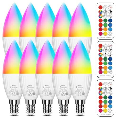 Ampoules LED E14 RGB, Ampoule LED en Forme de Bougie, 5 W (Remplace 40 W), Led Couleur Changement de Couleur Dimmable, Blanc Chaud 2700K, Avec Télécommande, Lot de 10