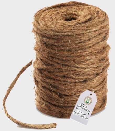 Corda di cocco/filato fibra di cocco, 100% biologico, legante per BROLAGE EDILIZIA GIARDINO in fibra di cocco, fibra naturale corda di cocco 7 mm x 50 mt - corda decorativa (COCCO NATURALE)