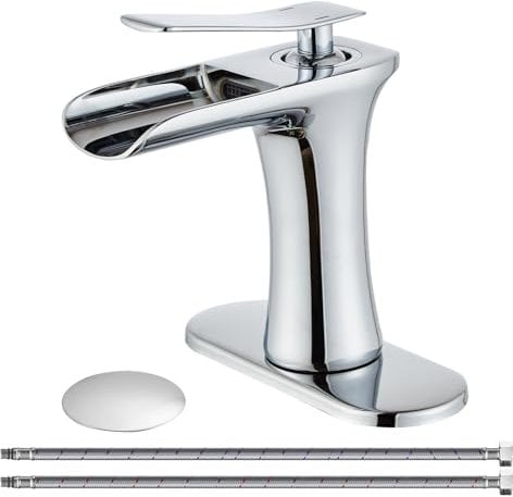 Wovier Chrom-Wasserfall-Badezimmer-Waschbeckenarmatur, Einhebel-Einloch-Waschtischarmatur, Waschtischarmatur mit Zulaufschlauch und Ablaufgarnitur