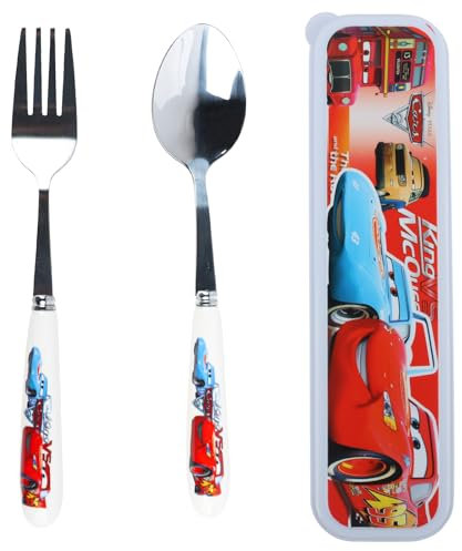 Cars Lightning Mccqueen Kinder Besteck Set, Cars Besteck Edelstahl, Kinder Edelstahl Besteck Set, 3 Teiliges Set Essbesteck mit Gabel Löffel Besteckkasten, für Tragbares Geschirr Schule Familie
