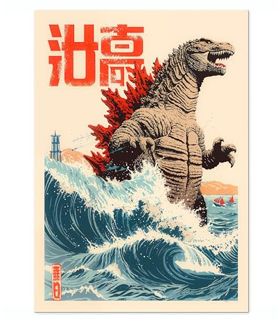 The Great Wave Of Zilla Poster Japanischer Anime-Stil Druck Great Wave Woodblock Animal Wall Art Archivmatt A4 (nur Druck) - 29,7 x 21 cm