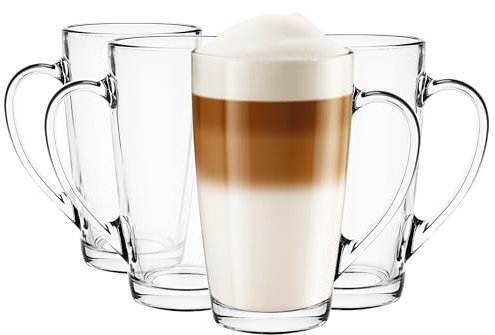 Glasmark KROSNO 1992 Gläser Set Kaffeegläser Teegläser Mit Henkel 4 Stück 400 ml Kaffee Tee Latte Glas Teetassen Glasbecher Trinkglas Groß Spülmaschinenfest Alex, Durchsichtig