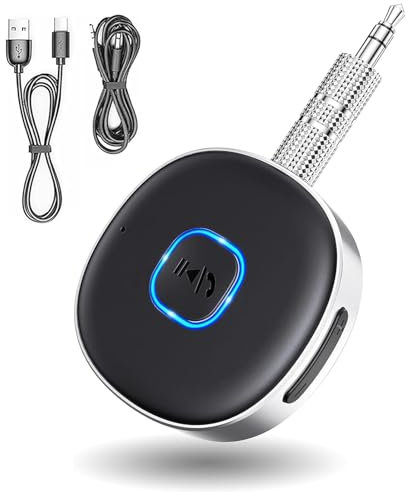 RUOVXWU Car Bluetooth AUX Adapter, Portable 3.5mm AUX Adapter 5.0 Bluetooth Receiver for Home Stereo/Speaker/Wired Headphones, Hands-free Calls, Dual Connection, 16H Playtime