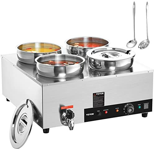 VEVOR Chauffe Soupe 4 x 7 L, Station de Soupe Électrique 1500 W, Chauffe-Plat Commercial avec Marmites en INOX, 30-85 °C, avec Anti-Brûlure à Sec et Bouton de Réinitialisation, Restaurant Buffet