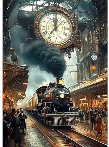 AIRDEA Bahnhof Diamond Painting Erwachsene, DIY 5D Uhr Diamant Painting Bilder, Bastelset Erwachsene Frauen als Haus Wanddeko 30x40 cm