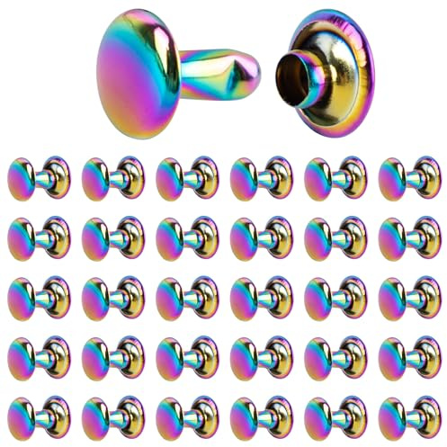 AUEAR, 30 Sets Regenbogen-Doppelkappen-Leder-Nieten-Set Metall-Bastelnieten für Lederreparatur und Handwerk, 8 mm