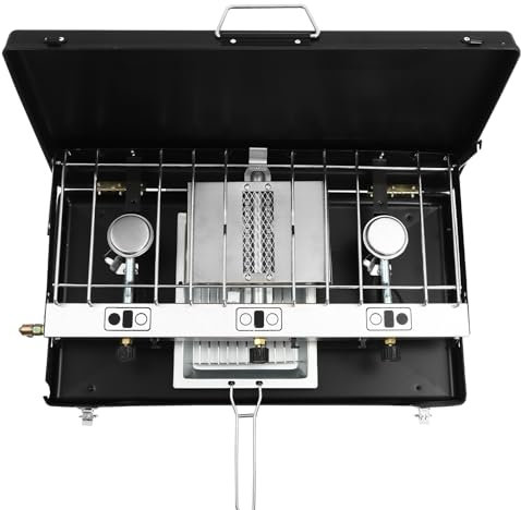 Hornillo de camping de gas, portátil con rejilla extraíble, hornillo de camping de 3 quemadores para camping, barbacoas, fiestas, tapa sirve como parabrisas