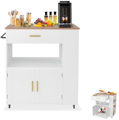 Suusolny Weiß Kücheninsel Küchenwagen auf Rollen 93x75x46cm Kücheninsel Servierwagen mit Arbeitsplatte, Gewürzregale und Handtuchregal Küchentrolley für Küche Esszimmer (Modell B)