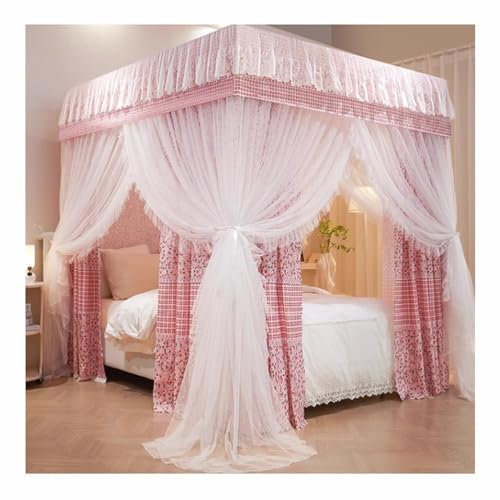 SIAMZYWV Ensemble de moustiquaire à baldaquin Rose, Respirant | ombrage | Grand Espace | Rideau de lit carré avec Support en métal, (Taille : 180X200cm/71X79inch)