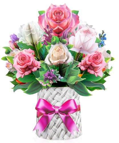 Pink- und Weiße Rose Big Pop Up Karten, 33 cm Papier Blumenstrauß Grußkarten mit leerer Notizkarte und Umschlag, zur Feier von Liebe, Feiertag, Geburtstag, Jubiläen, Valentinstag, Muttertag, Hochzeit