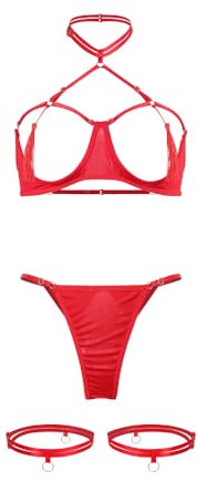 mini kitty Women’s Sexy Lingerie Set Push Up Bra and Panty Hollow Out Halter Neck Underwear Nightwar Sheer See Through Babydoll Teddy Sleepwear 2 Pieces with G String Thigh Cuffs (Red, One Size)