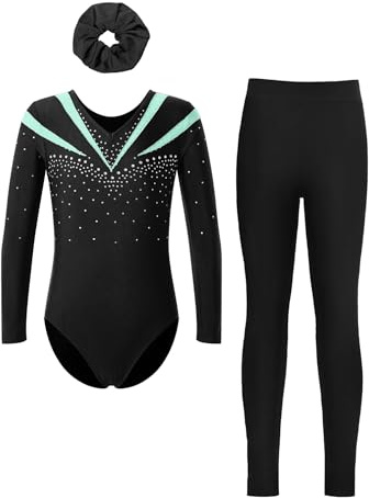 inhzoy Mädchen Gymnastikanzug Mit Langer Hose Haargummi 3 Stück Set Glitzer Langarm Turn-Trikot Gymnastik Kleidung