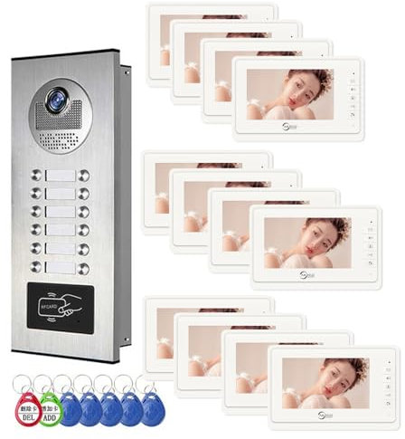 Système d'interphone vidéo filaire pour appartement, 12 unités de moniteur de 17,8 cm, sonnette vidéo intérieure et extérieure, déverrouillage de carte d'identité, audio bidirectionnel, 6 écrans pour