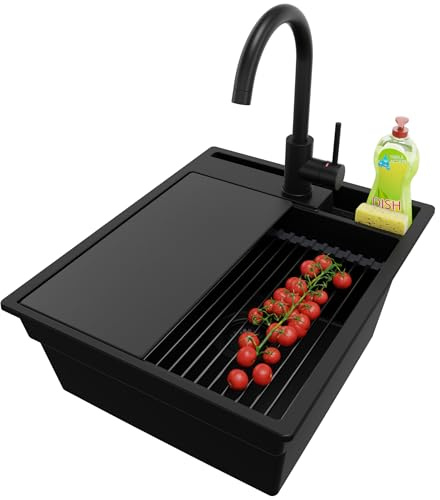 PRIMAGRAN Granitspüle Alles Schwarz 43x53cm, Spülbecken 1 Becken + Küchenarmatur 32x20cm + Ablauf-Set, Küchenspüle ab 45er Unterschrank - Oslo Pocket S118