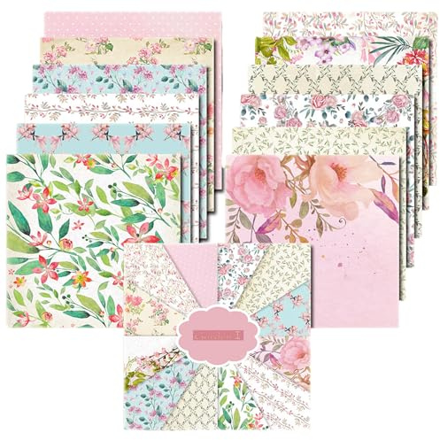MerwDeeyt Scrapbook Papier Blumen Muster Scrapbook Bastelpapier | 30,5x30,5 cm/12x12 inch, Frühling Dekorpapier, 24 Blatt, Einseitiges Motivpapier, für Journal Scrapbooking