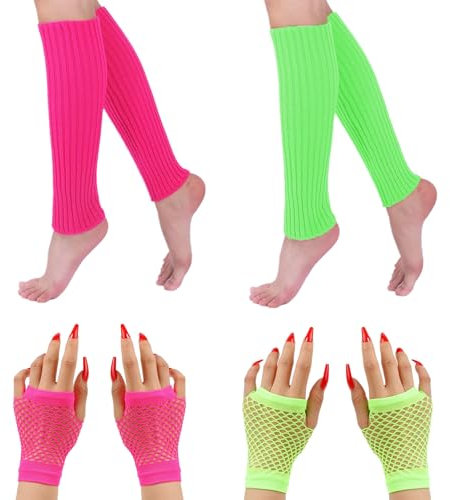 COWANIEE 2 Pairs Neon Leg Warmers+2 Pairs Fishnet Gloves 80s Fancy Dress Costume for Women and Girls (Rose Red, Fluorescent Green)