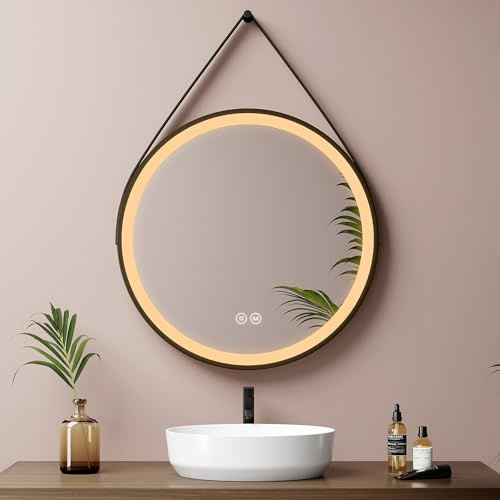 EMKE Specchio bagno Rotondo 50 cm, Cornice Nera, Cinghia Rimovibile | Specchio bagno 3 Temperature di Colore, Luminosità Regolabile, Funzione Memoria,Interruttore Touch, Specchio led