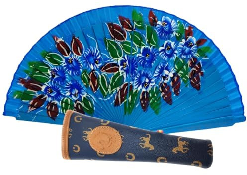 Planta Color Abanico de Madera con Flores Pintadas a Mano por Las Dos Caras. Incluye una Funda para Proteger el Abanico. Imán de Regalo con Dibujo de Costumbres Españolas (Azul Intenso 2)