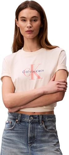 Calvin Klein Damen T-Shirt Kurzarm Hero Classic Monologo Tee mit Rundhalsausschnitt, Beige (Calico), S
