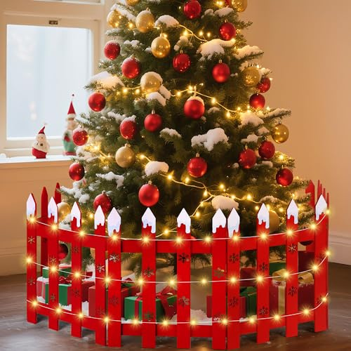 Aneco 6 Pieces Extra Height 16 Christmas Tree Wooden Fences with LED String Light Xmas Snowflakes Red Wooden Picket Fence Holiday Indoor Garden Fence for Xmas Tree Garden Party Decor
