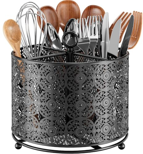 Küchenutensilienhalter 4 Fächer 360° Drehbarer Edelstahl Besteckhalter | Drehbarer Utensilien-Organizer mit Blumenrand-Design hält Küchenwerkzeuge ordentlich Ideal für Arbeitsplatte und Küchentheke