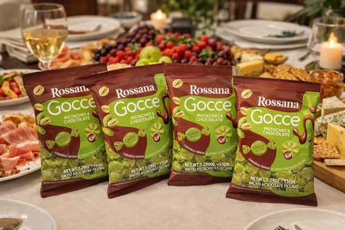 4 Buste Rossana Gocce Pistacchio e Cioccolato 150g – Caramelle Ripiene con Cuore Cremoso al Pistacchio e Cioccolato Fondente – Totale 600g