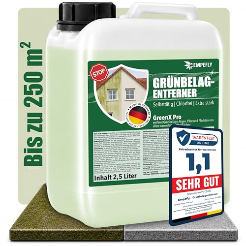 GreenX Pro Grünbelagentferner Konzentrat (2,5 Liter Kanister), selbsttätig gegen Grünbelag, Algen & Pilze ohne Schrubben – für Terrasse, Fassade, Dachziegel und Stein – chlor & säurefrei