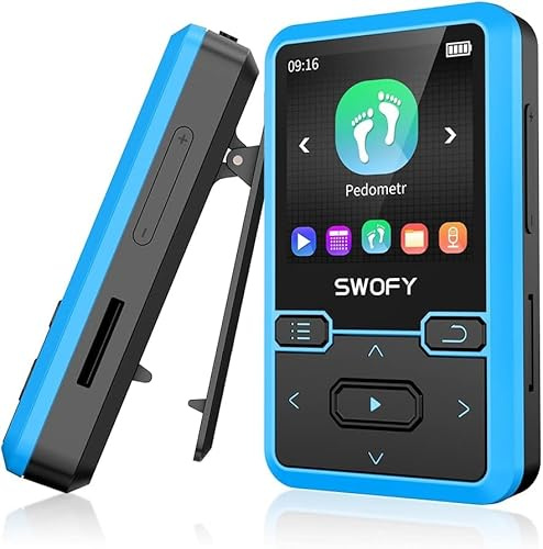 SWOFY MP3 Player Bluetooth 5.0 mit Sport Clip, 32GB Tragbarer Mini Musik Player mit Kopfhörer, FM Radio, Schrittzähler, Sprachaufzeichnung, Unterstützt bis 128GB SD Karte (Blau)
