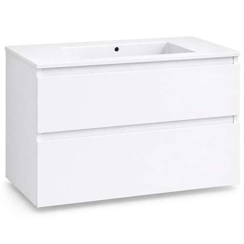 NEBADOON Mueble De Baño con Lavabo Cerámico Integrado Mueble Suspendido De 2 Cajones con Cierre Suave Silent System Montado En Acabado Blanco 100 Cm Ancho 45 Cm Fondo 52 Cm Alto