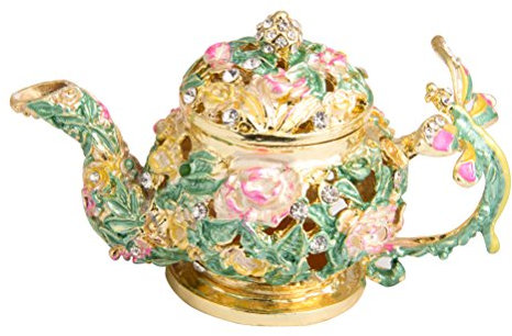 QIFU Hand Painted Enameled Mini Teapot Style Decorative Hinged Jewelry Trinket Box Unique Gift for Family