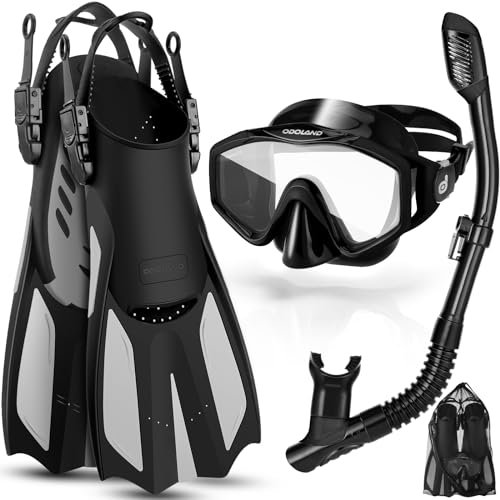 Odoland Snorkel Set with Diving Mask and Swim Fins, Wide View Dry Top Scuba and Flippers, Anti-Fog Anti-Leak Snorkeling Gear for Men Women Adult and Youth Black M