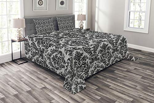 ABAKUHAUS Barock Tagesdecke Set, Weinlese-Spitze-Art, Set mit Kissenbezügen Waschbar, für Doppelbetten 264 x 220 cm, Schwarz und Weiß