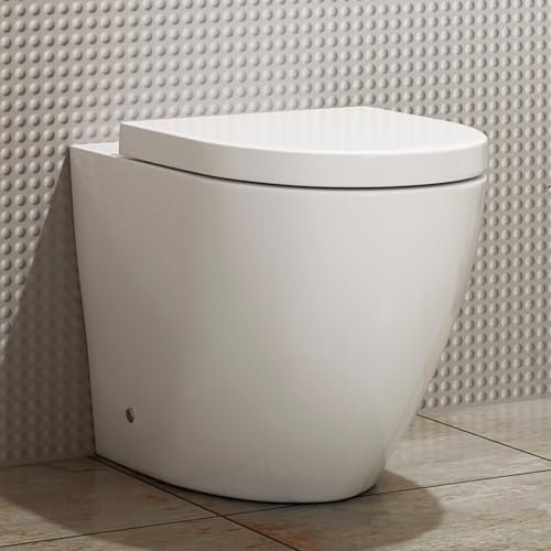Back to Wall Rimless Toilet Pan Gloss White Ceramic Round Shape with Soft Close Seat – Sleek Modern Design (Elva)