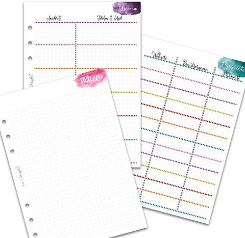 SinnWunder® 50 Blatt Planer-Notiz-Set – mit Notiz-Seiten, Adressen, und Passwortlisten für Ringbücher mit 6 Ringen im Format DIN A5