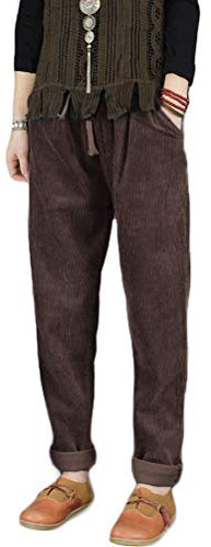FTCayanz Donna Pantaloni Larghi Cotone Pantalone Vita Alta Harem Pantaloni di Velluto a Coste caffè L