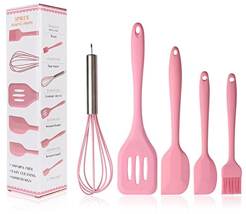 Binhai Set di Utensili da Cucina da Cucina in Silicone Rosa spatola - Spatole Pennelli da imbastitura Pennello per Olio da Pasticceria Frullino per Le Uova Turnitore scanalato - Resistente Calore per
