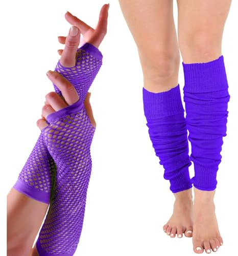 FNA Fashions® Womens Neon Long Fishnet Gloves and Leg Warmers Ladies Fancy Hen Night 80’s Party Novelty Dress (Long Fishnet Gloves, Purple)