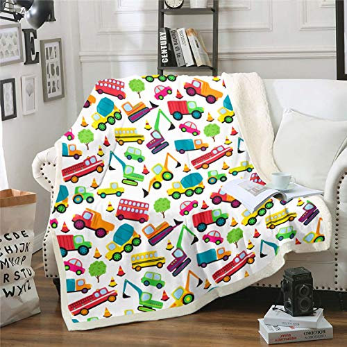 Loussiesd Cartoon Car Blanket Excavator Bus Truck Throw Blanket Various Vehicles Fleece Blankets Automobile Style Blankets and Throws Colorful Auto for Bed Sofa Couch Fuzzy Blanket Baby 30x40