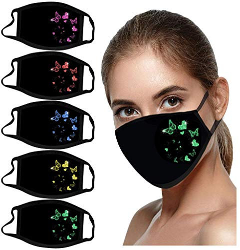 riou 5 Stück Damen Mundschutz mit Motiv Schmetterling Baumwolle Stoff Waschbar Atmungsaktiv Staubdichte Mund und Nasenschutz Halstuch Bandana